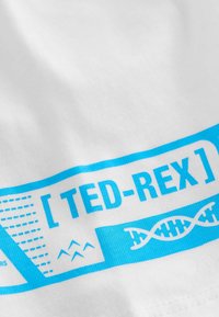 Weißes T-Shirt mit blauer Grafikdesign und dem Text "[ TED-REX ]", Bergsymbol und DNA-Muster. Glatte Textur und leichtes Material.