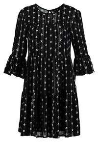 Schwarzes Kleid mit langen Ärmeln, gerafften Manschetten, lockerem Schnitt und silbernen Diamantmustern im gesamten Kleid. Hergestellt aus leichtem Stoff.