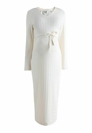 Langärmeliges Umstandskleid aus weichem, weißem Rippstoff, mit V-Ausschnitt und einer gebundenen Taillendetail für eine verstellbare Passform.