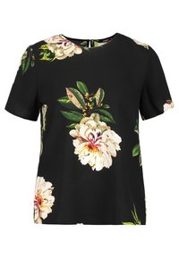 Short-sleeve black blouse featuring large white and pink floral patterns, green leaves, and a round neckline with a back closure.