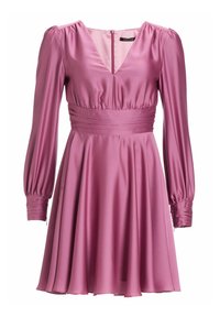 Pink satin dress featuring a V-neck, long puff sleeves, gathered waist, and a flared skirt with a smooth texture. Back zip closure.