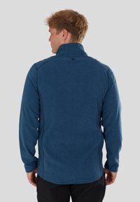 Blue fleece pullover with high collar, featuring a smooth texture, subtle stitching details, and a relaxed fit. Back view shown.