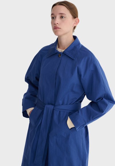 Jeune personne à la peau claire et aux cheveux attachés, portant un manteau bleu roi à manches longues avec ceinture, les mains dans les poches.