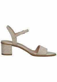 Sandali con tacco in suede beige, con tacco a blocco, punta aperta e cinturino con fibbia; texture liscia con dettagli cuciti sulle cinghie.