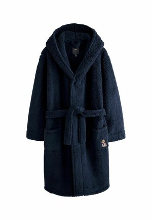 Mørkeblå fleece badekåbe med hætte og bælte, to forlommer og lille hunde-broderi på den nederste højre lomme.