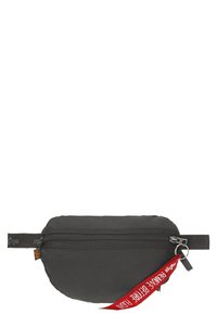Gray fabric pouch with a zipper, rounded shape, and a red strap with text. Features a metal zipper pull and a flat, smooth texture.