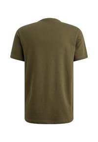 Olijfgroen, T-shirt met korte mouwen en een ronde hals. Gemaakt van gladde stof, met een eenvoudig, minimalistisch ontwerp zonder versieringen.