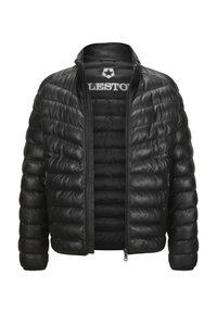 Schwarze Daunenjacke mit einem Reißverschluss, Stehkragen, gesteppter Textur und zwei Seitentaschen. Das Innenfutter ist ebenfalls schwarz.