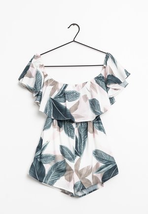 Floral romper with off-the-shoulder ruffled sleeves. Features large green and pink leaf patterns on a white background. Lightweight fabric.