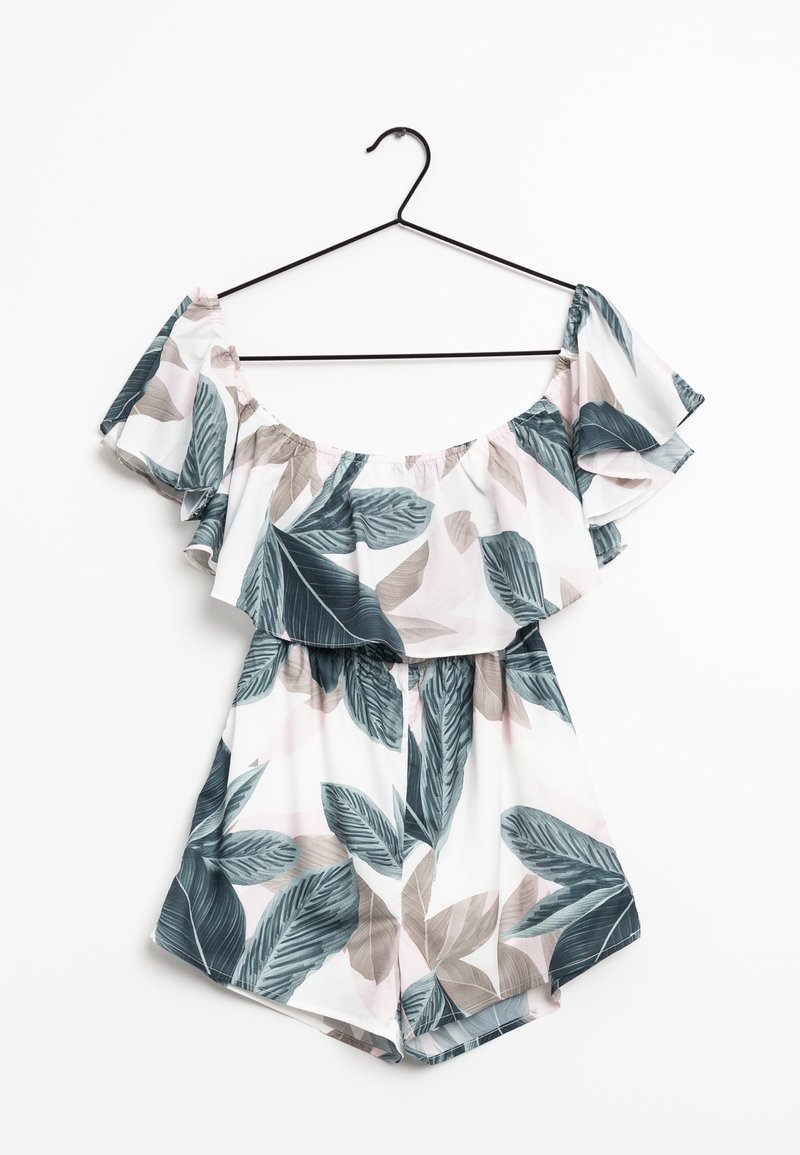Floral romper with off-the-shoulder ruffled sleeves. Features large green and pink leaf patterns on a white background. Lightweight fabric.