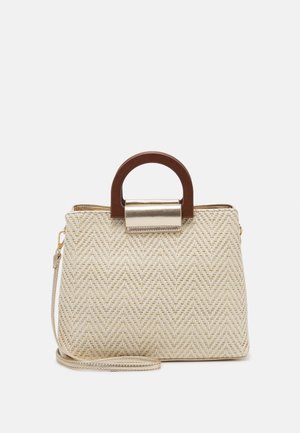 Woven handbag featuring a herringbone pattern in cream and beige. Brown wooden handle with metallic clasp. Includes a detachable strap.