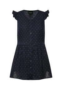 Abito blu navy con pois bianchi, maniche a volant corte, scollo a V e chiusura con bottoni davanti. Gonna svasata con vita arricciata.