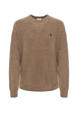 Maglione marrone lavorato a maglia con collo rotondo, maniche lunghe e un sottile logo sul petto. Texture morbida e design informale.