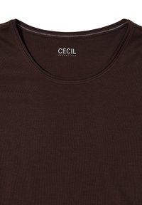 Braunfarbiges T-Shirt mit Rundhalsausschnitt. Hergestellt aus weichem, strukturiertem Stoff. Trägt den Schriftzug "CECIL" in weißem Druck am Ausschnitt.