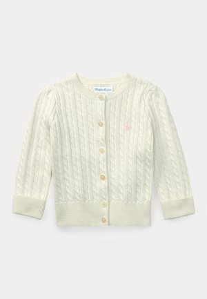 Cardigan color crema lavorato a trecce con maniche lunghe, scollo rotondo, apertura con bottoni sul davanti e polsini e orlo a costine.