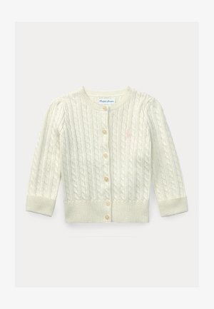 Cardigan color crema lavorato a trecce con maniche lunghe, scollo rotondo, apertura con bottoni sul davanti e polsini e orlo a costine.