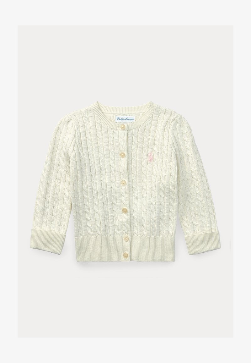 Cardigan couleur crème en maille torsadée avec manches longues, encolure ronde, fermeture boutonnée devant, poignets et ourlet côtelés.