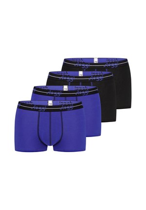 Quattro paia di boxer da uomo: due blu con una cintura a contrasto e due neri. Caratteristiche: una consistenza morbida e un design aderente.