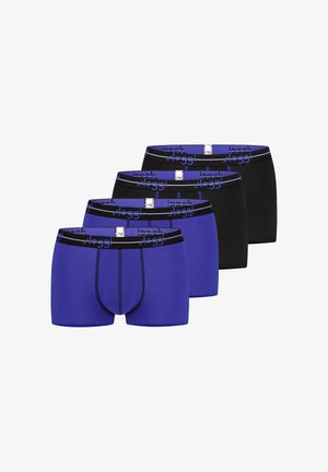 Quattro paia di boxer da uomo: due blu con una cintura a contrasto e due neri. Caratteristiche: una consistenza morbida e un design aderente.