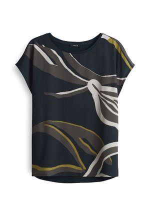 Korte mouwen top gemaakt van lichtgewicht stof met een donkerblauwe achtergrond en abstracte bloempatronen in beige, grijs en olijfgroen accenten.