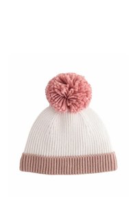 Strickmütze in Weiß mit einem pinken Pompon. Hat einen gerippten, hellrosa Rand und ein strukturierte Maschenmuster am Körper.