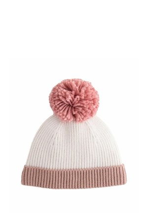 Knitted beanie in white with a pink pom-pom. Features a ribbed, light pink brim and textured stitch pattern on the body.