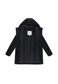 Black hooded winter coat with quilted lining, front zipper, snap buttons, and an interior zippered pocket.