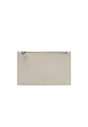 Beige rectangular leather wallet with silver zipper on top and subtle embossed brand name "Liebeskind Berlin" on front center.