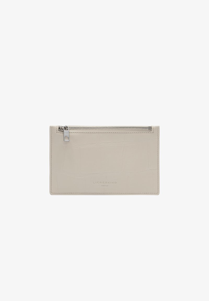 Portefeuille rectangulaire en cuir beige avec fermeture éclair argentée sur le dessus et nom de la marque "Liebeskind Berlin" discrètement embossé au centre avant.