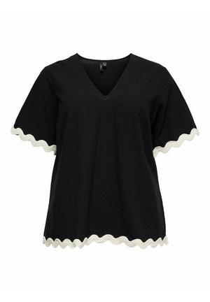 Blouse noire à manches courtes avec col en V, bordée de vagues blanches sur les manches et l'ourlet, présentée sur un fond blanc.