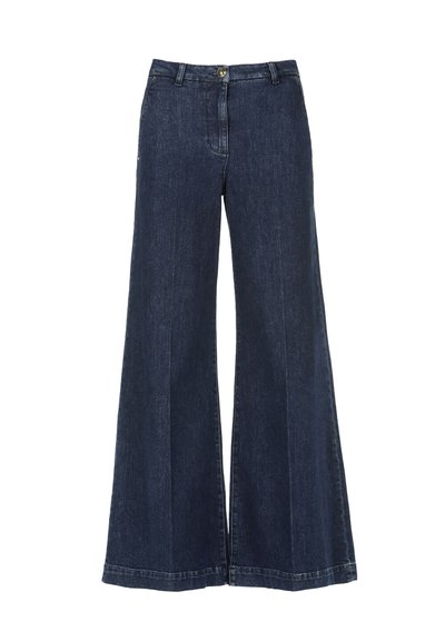 Donkerblauwe high-waisted wijde denim jeans met een voorste knoop en rits, lussen voor een riem en subtiele vervaging.