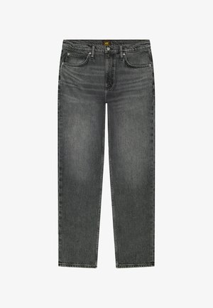 Proste czarne spodnie jeansowe z efektem przetarcia, z pięcioma kieszeniami, szlufkami na pasek i metką marki Lee na pasku talii.