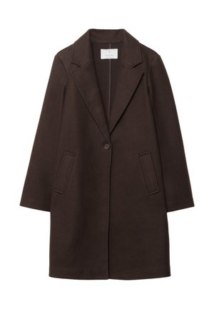 Manteau en mélange de laine marron avec revers cranté, fermeture à un bouton et deux poches avant. Coupe droite avec des manches longues.