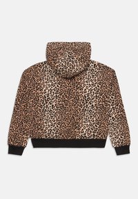 Korte hoodie i leopardprint med snor i hætten, elastiske manchetter og kant. Farverne inkluderer nuancer af beige, sort og brun.