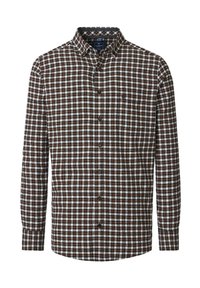 Braun-weiße karierte Langarmbluse mit Button-down-Kragen, einem einzelnen Brusttasche und Standardmanschetten.