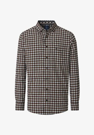 Brązowa i biała koszula w kratę z długim rękawem, z kołnierzykiem zapinanym na guziki, z pojedynczą kieszenią na klatce piersiowej i standardowymi mankietami.