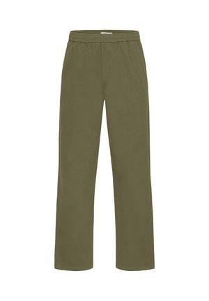 Olijfgroene broek met wijde pijpen en een elastische tailleband. Gemaakt van zachte stof met een gladde textuur en zonder zichtbare patronen of accenten.