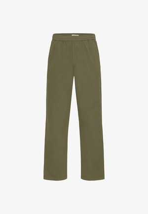 Olijfgroene broek met wijde pijpen en een elastische tailleband. Gemaakt van zachte stof met een gladde textuur en zonder zichtbare patronen of accenten.