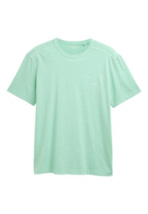 Camiseta de algodón verde claro con escote redondo y mangas cortas. Presenta un estampado sutil en el frente. Textura suave y corte relajado.