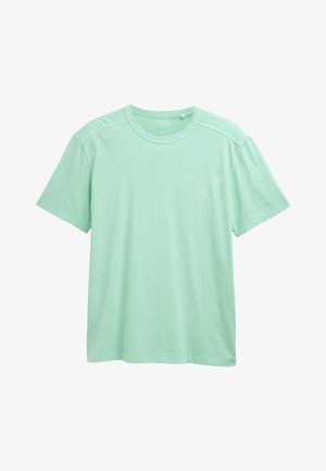 Light green cotton t-shirt with a crew neckline and short sleeves. Features a subtle print on the front. Soft texture and relaxed fit.