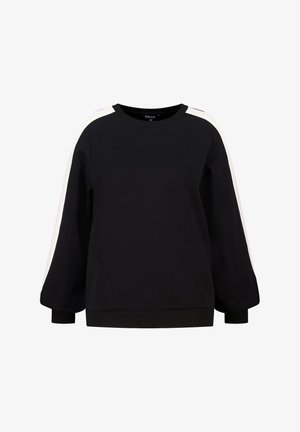 Zwarte trui met een ontspannen pasvorm, ronde hals en lange mouwen. Heeft witte verticale strepen langs de mouwen. Gladde textuur.