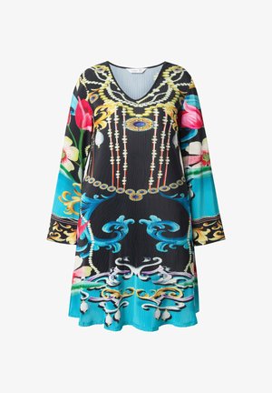 Schwarzes Kleid mit bunten Blumen- und geometrischen Mustern, mit V-Ausschnitt, langen Ärmeln und plissierter Textur.