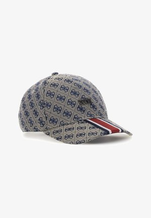 Cappellino da baseball con logo a motivo blu, piccola targhetta metallica "GUESS" e strisce rosse, bianche e blu sulla visiera.