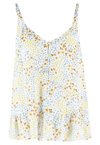 Top in cotone con stampa floreale e spalline regolabili, caratterizzato da fiori gialli, blu e marroni su uno sfondo chiaro e un orlo arricciato.