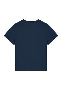 T-shirt bleu marine foncé à manches courtes avec un col rond classique et un tissu lisse et léger. Dos uni sans motif visible.