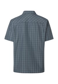 Chemise pour homme à manches courtes avec motif à carreaux bleu et gris, boutonnée et dotée d'un col, vue de dos.