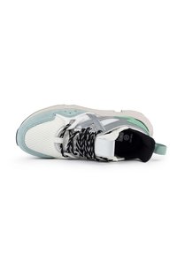 White and mint green sneaker with a textured mesh upper, black striped laces, and a cushioned sole. Silver accents on the design.