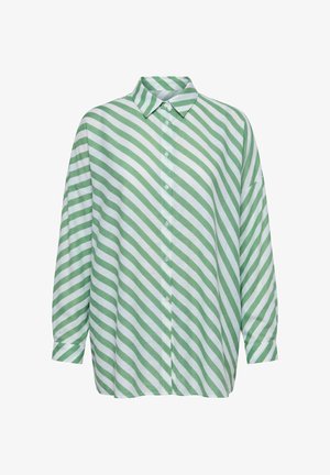 Long-sleeve button-up shirt with green and white diagonal stripes and a pointed collar, displayed on a white background.