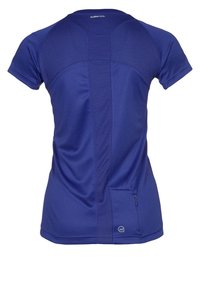 Lyhythihainen urheilupaita kuninkaansinisessä värissä, jossa on tekstuurilla varustettu verkko-paneeli, kaarevat saumat ja pieni vetoketjutasku selkäpuolella.