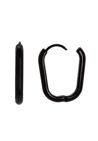 Orecchini a cerchio neri con una finitura liscia e lucida, caratterizzati da un design unico a forma di U e una cerniera per una chiusura facile.
